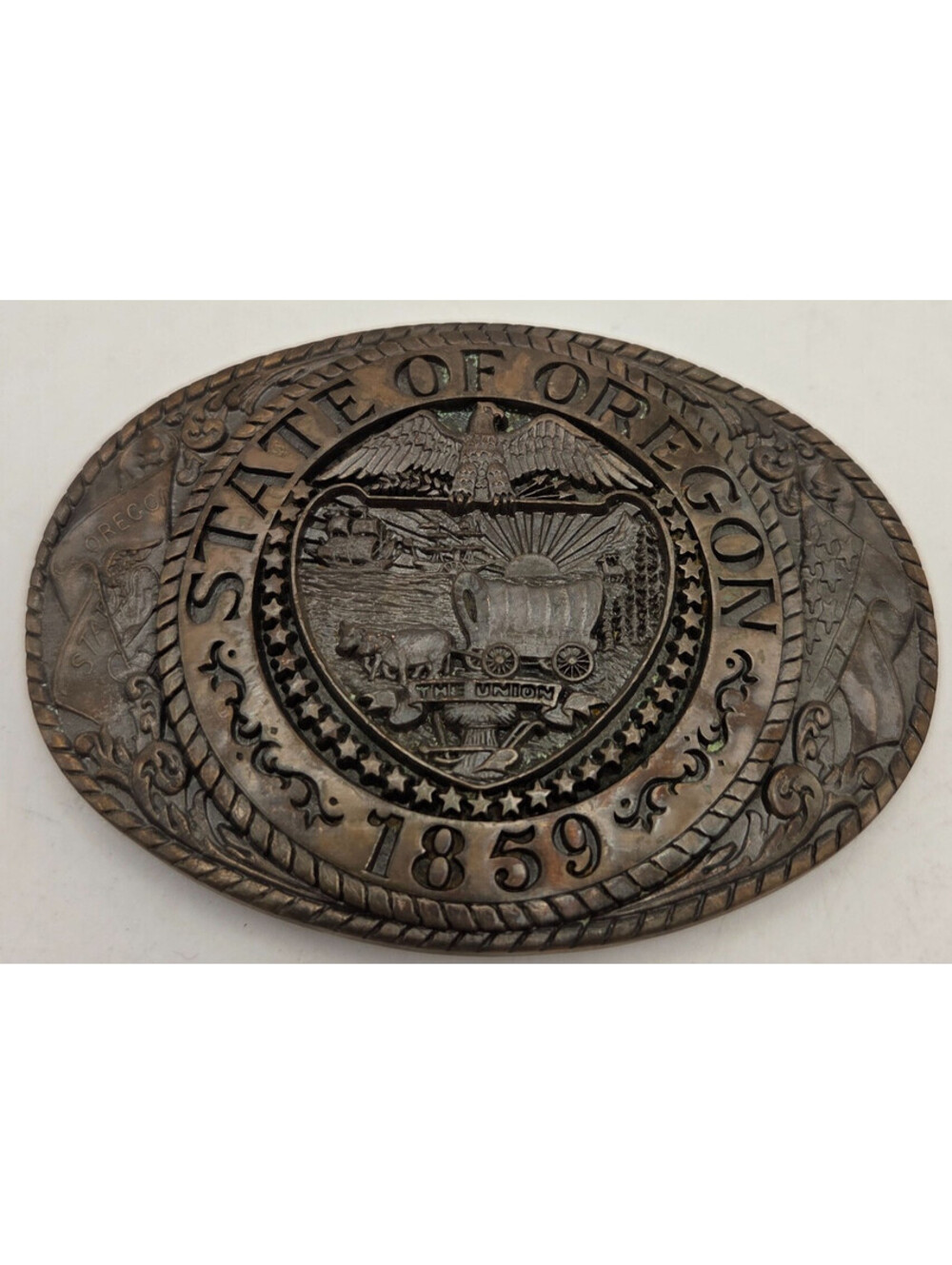 Vintage Tony Lama Oregon State Series 1859 Solid Brass Belt Buckle Western